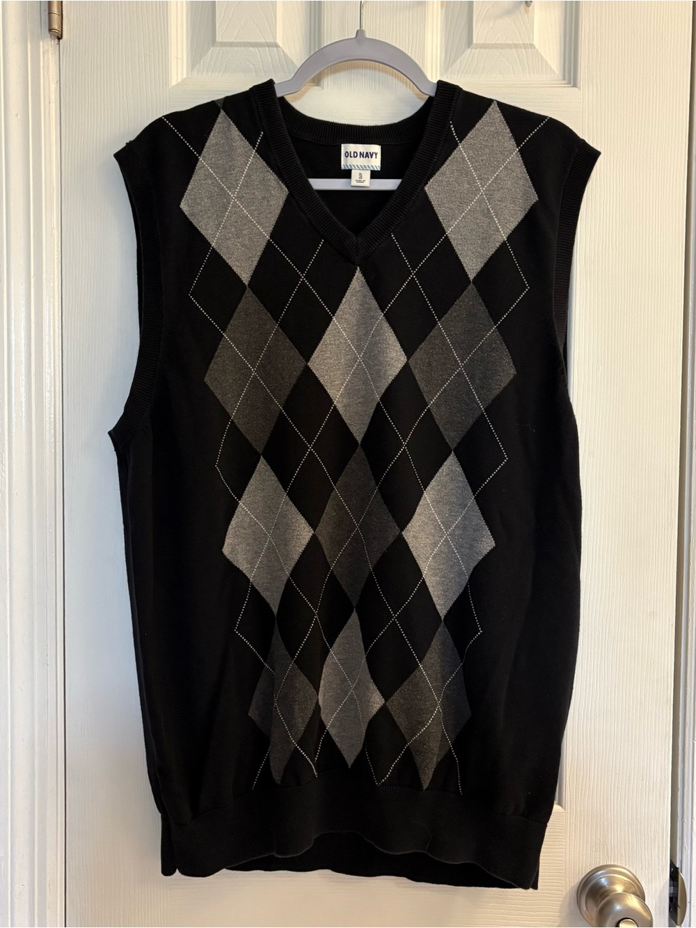 Old Navy Sweater Vest XL Black Gray Argyle V-Neck 100% Cotton Men's 2012 Vintage